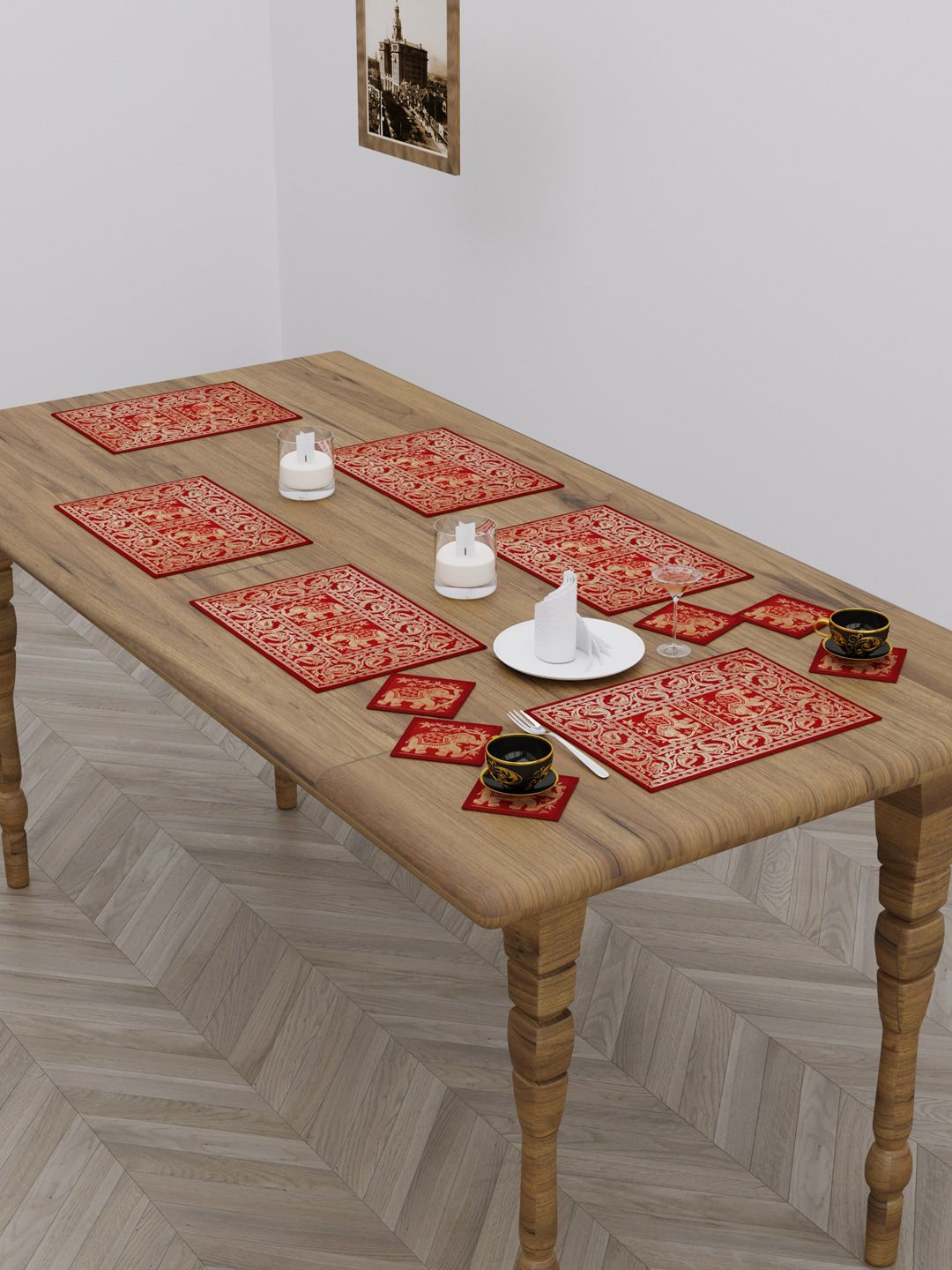 HOKIPO Set Of 12 Red Printed Jacquard Table Placements with Coasters Price in India