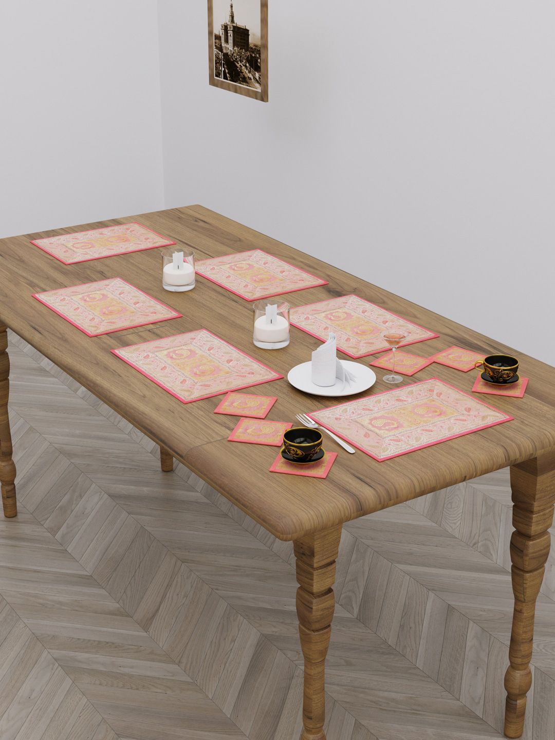 HOKIPO Set Of 12 Pink Printed Jacquard Table Placements with Coasters Price in India