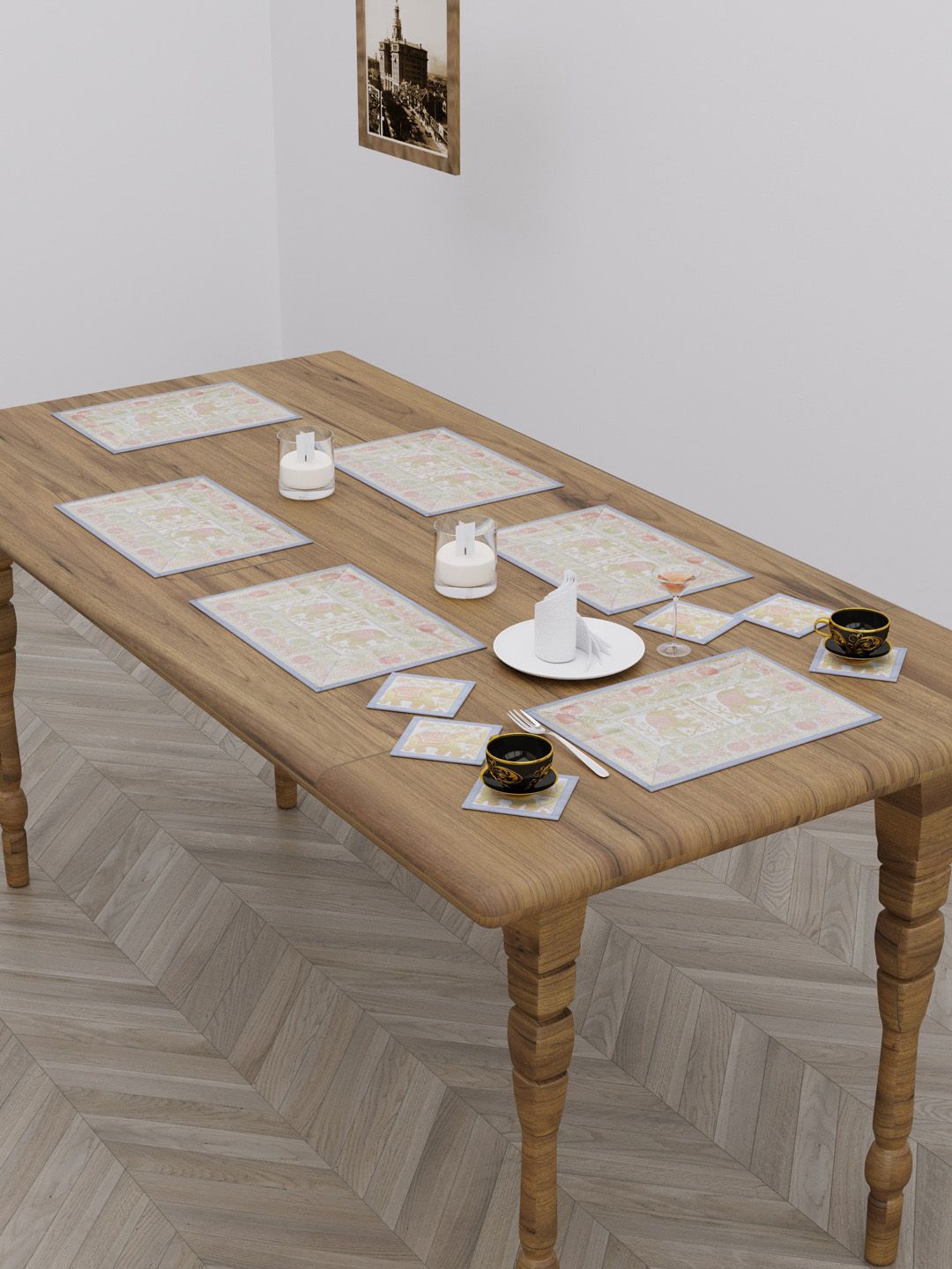 HOKIPO Set Of 12 White Printed Jacquard Table Placements with Coasters Price in India