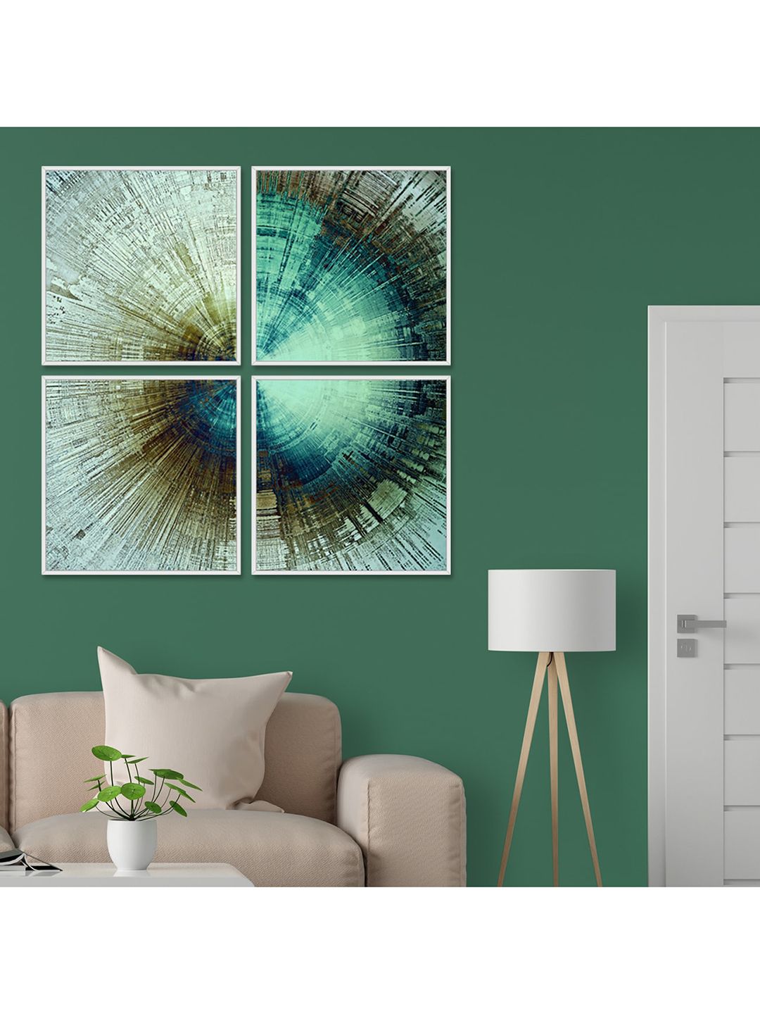 Art Street Set Of 4 Green & Blue Abstract Theme Hand-Painted Framed Wall Art Price in India