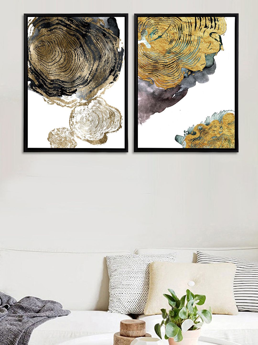 Art Street Set Of 2 White & Gold-Toned Abstract Theme Hand-Painted Framed Wall Arts Price in India