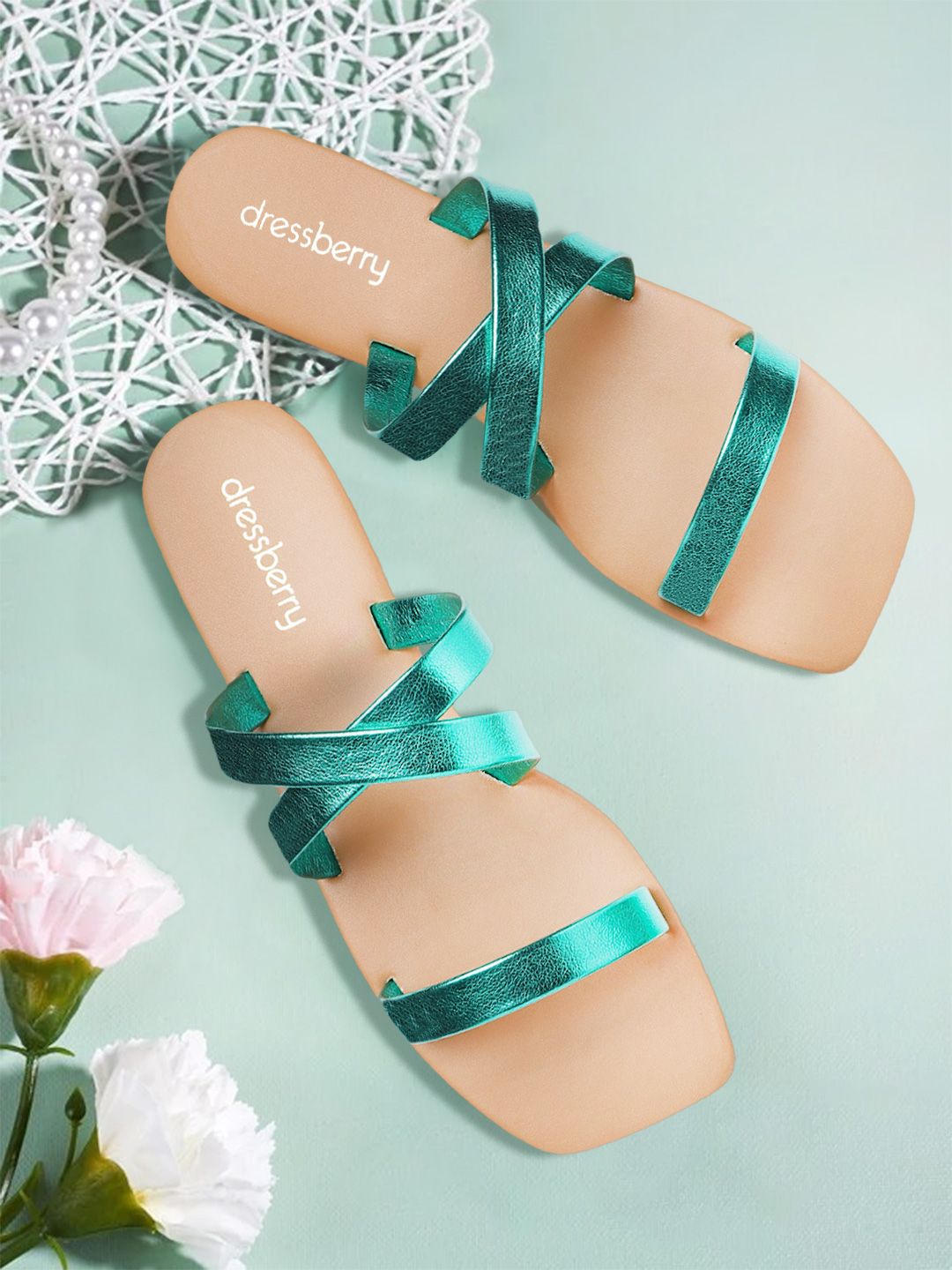 DressBerry Women Green Solid Strappy Open Toe Flats Price in India