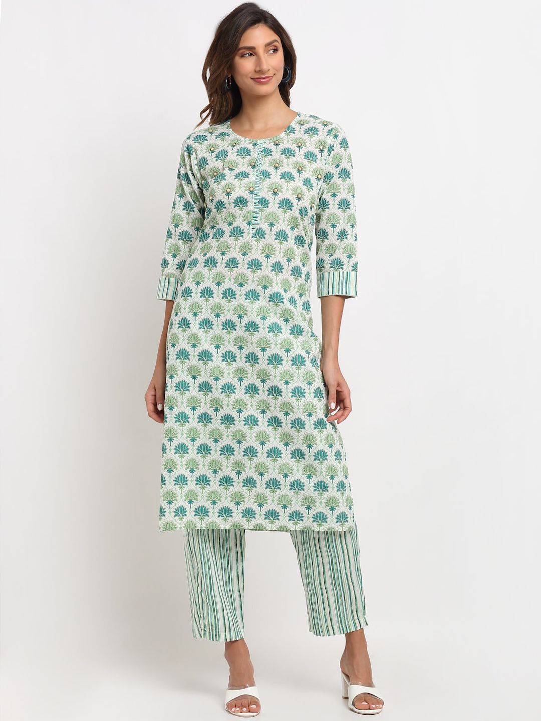 ANAISA Women Off White & Green Ethnic Motifs Printed Beads Pure Cotton Kurta with Trousers