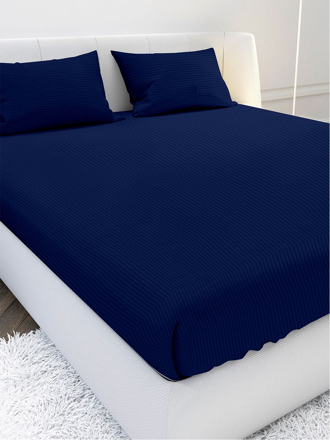 MAYFAIR HOMES LONDON Navy Blue Striped 210 TC Cotton Queen Bedsheet with 2 Pillow Covers Price in India