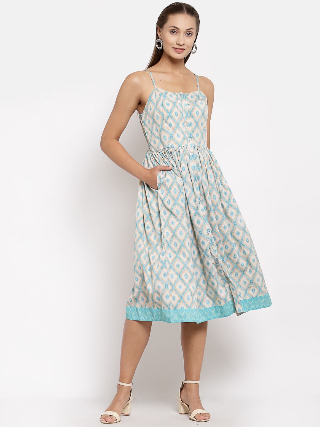 Myshka Off White & Turquoise Blue Midi Dress Price in India