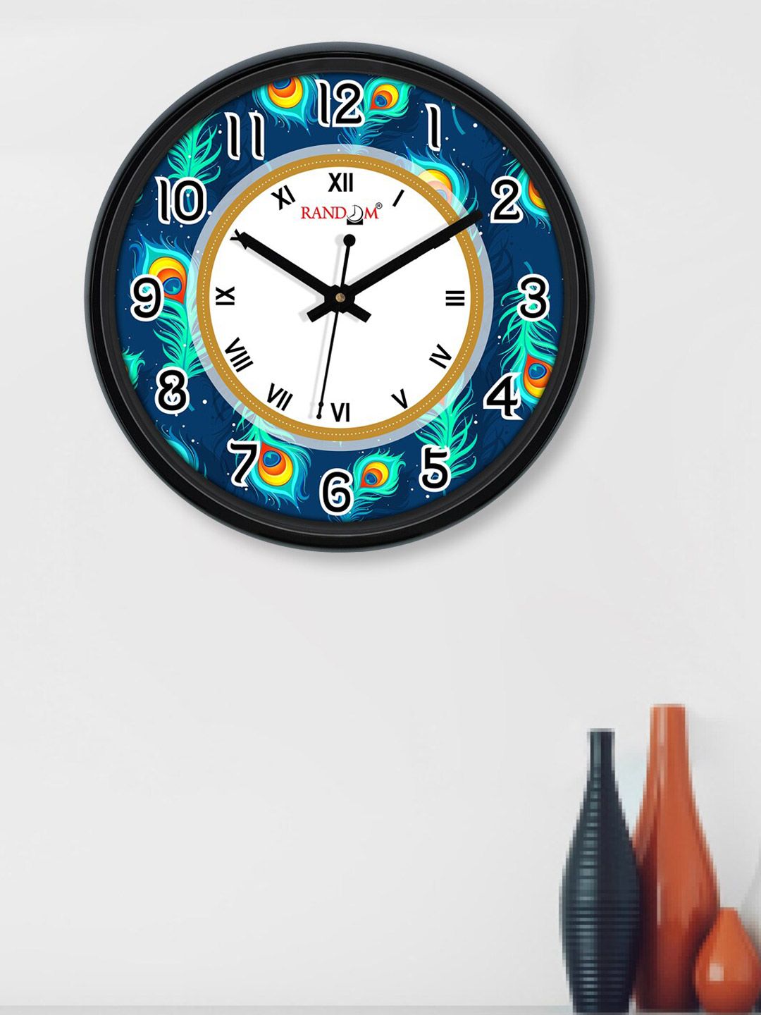 RANDOM Navy Blue & Black Printed Contemporary 30.4 cm Analogue Wall Clock Price in India