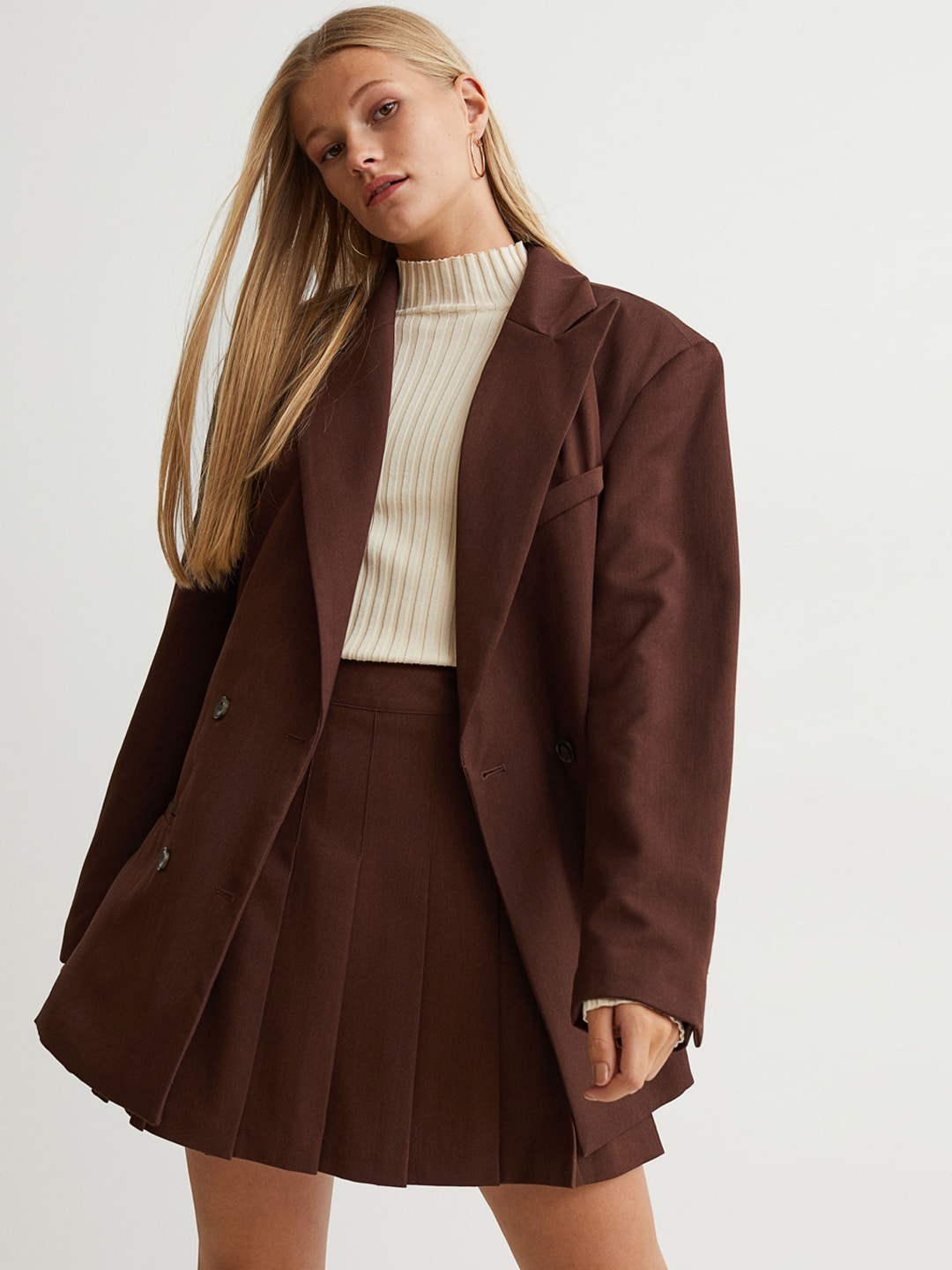 H&M Women Brown Solid Oversized Jacket Price in India