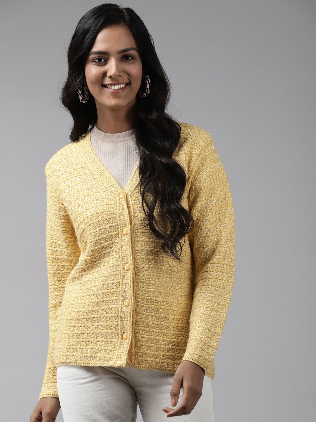 Cayman Women Yellow Self-Design Woollen Cardigan Price in India
