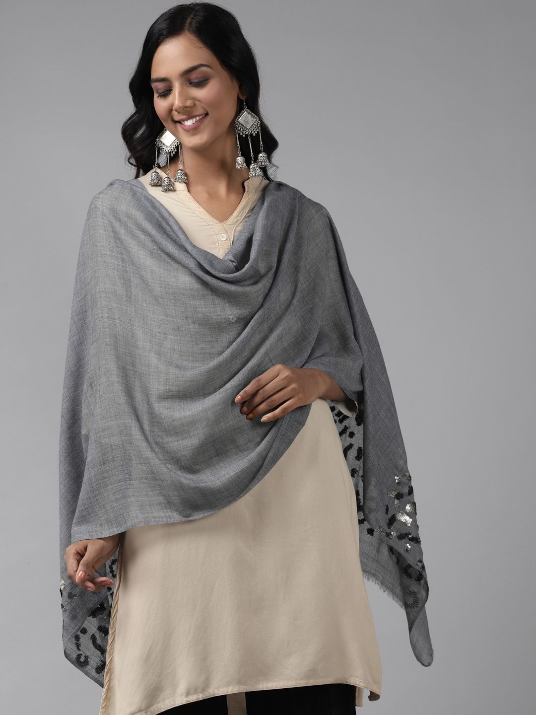 Cayman Women Grey Solid Woollen Stole Price in India