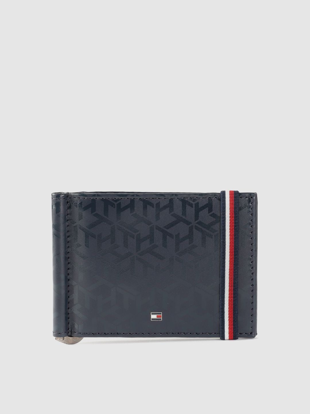 Hilfiger Men Navy Blue Abstract Printed Leather Money Clip - History