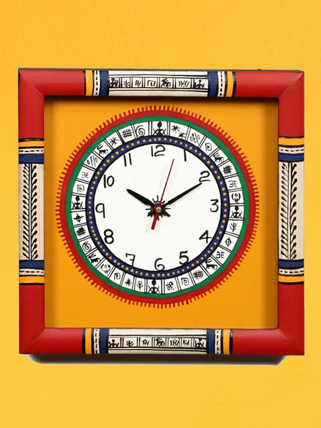 AAKRITI ART CREATIONS Yellow & Black Warli Art Printed Traditional Wall Clock Price in India