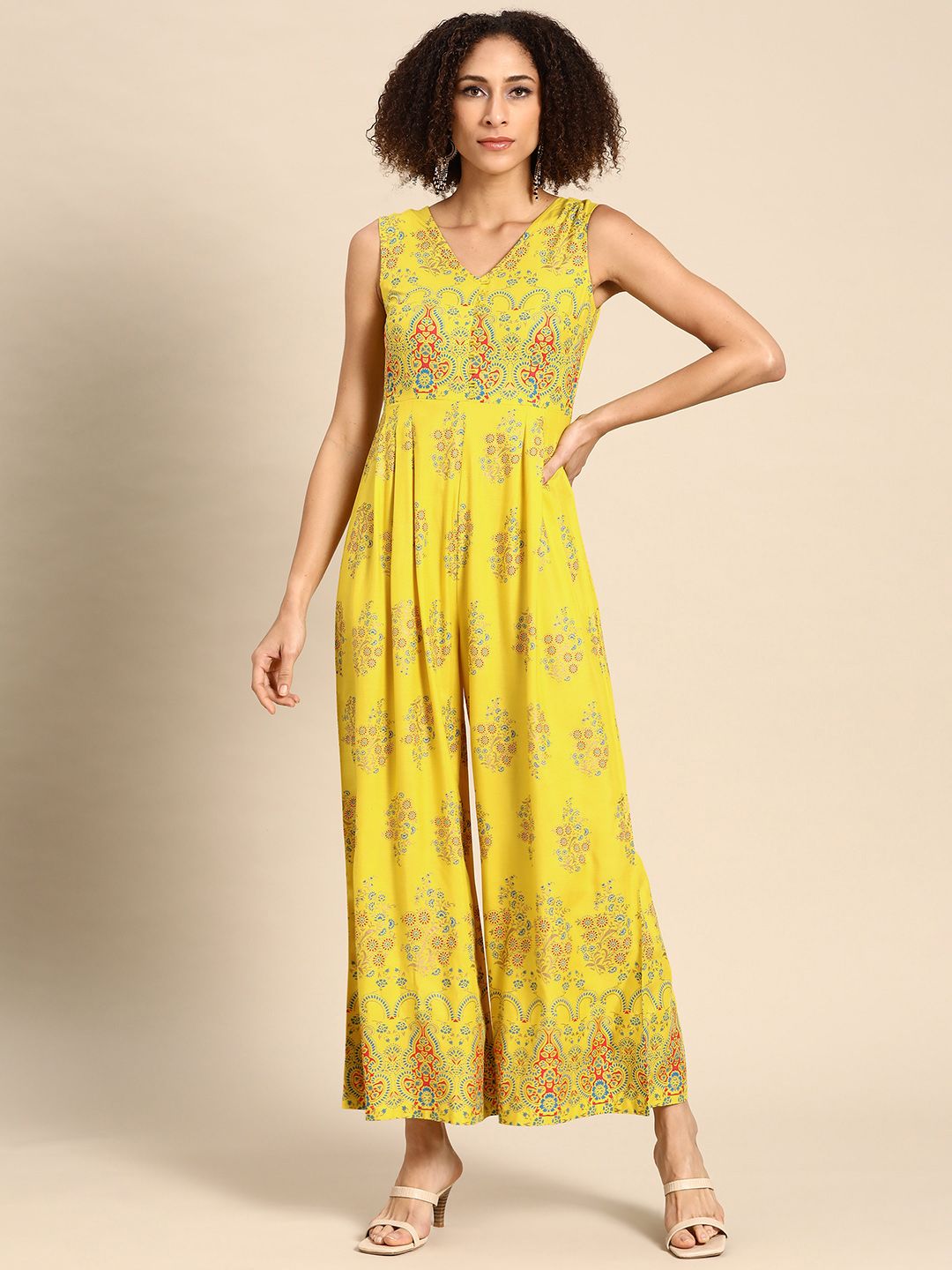 MABISH by Sonal Jain Yellow & Orange Printed Pleated Jumpsuit Price in India