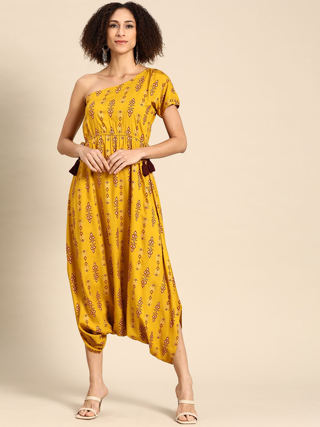 MABISH by Sonal Jain Mustard Yellow & Golden One-Shoulder Printed Dhoti Jumpsuit Price in India