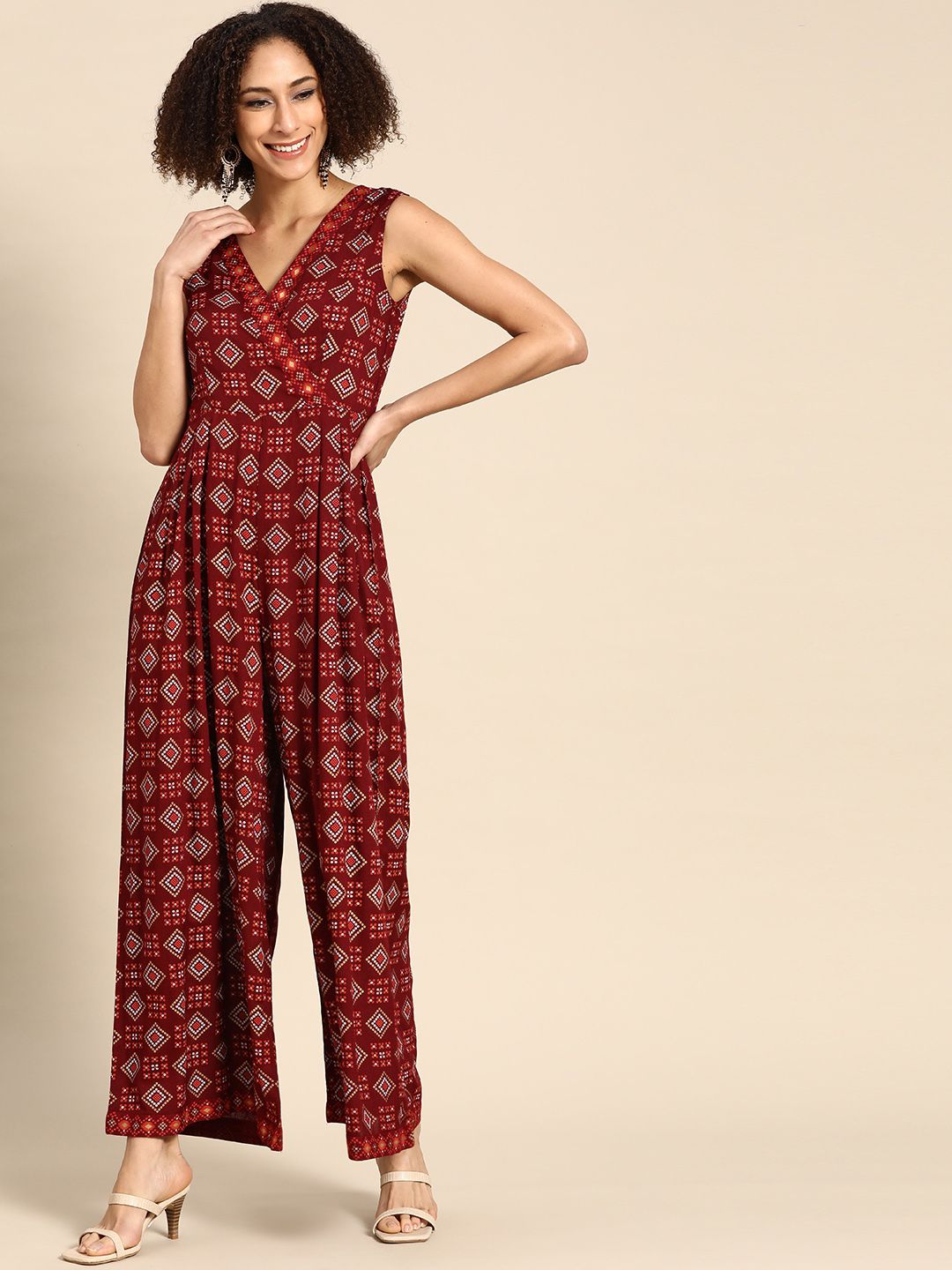 MABISH by Sonal Jain Maroon & Golden Printed Kalidar Jumpsuit Price in India