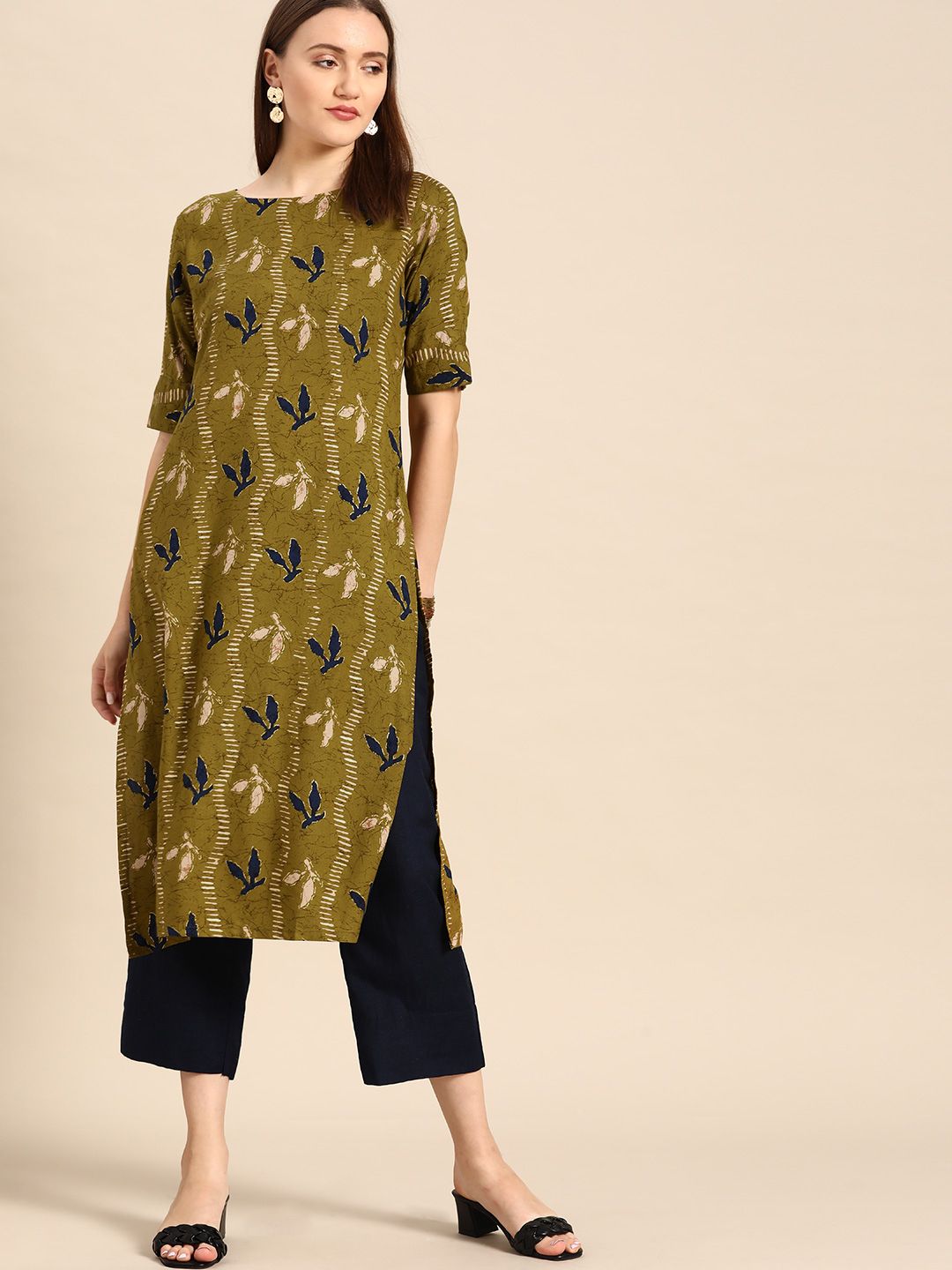 Anouk Women Olive Green Floral Printed Kurta Price in India