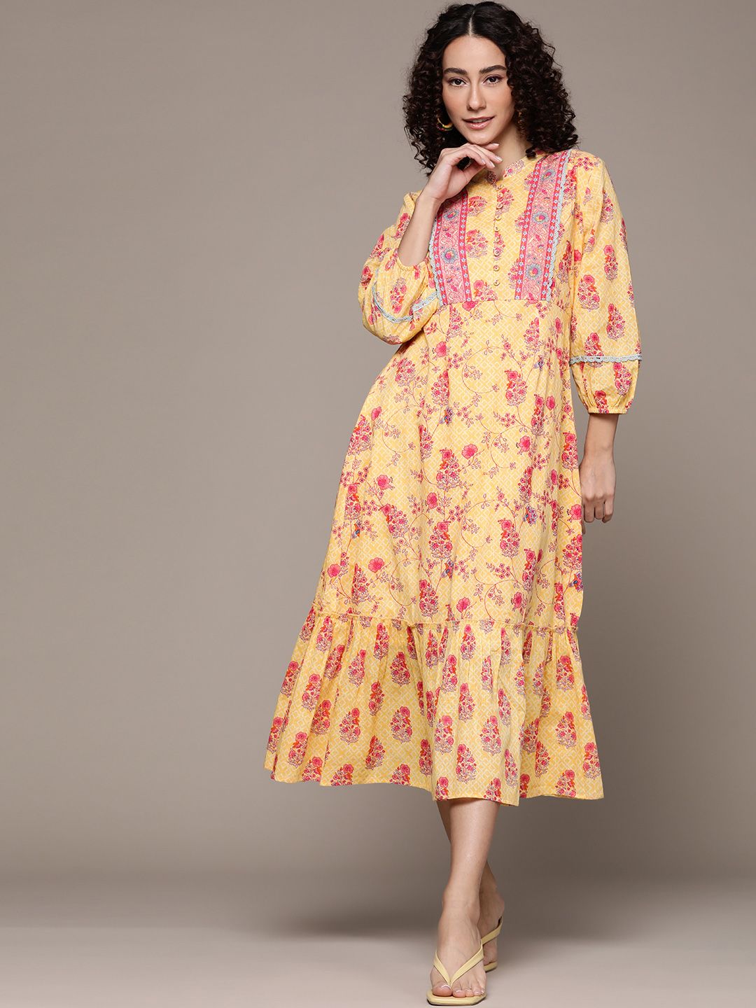 aarke Ritu Kumar Yellow A-Line Printed Tiered Dress Price in India