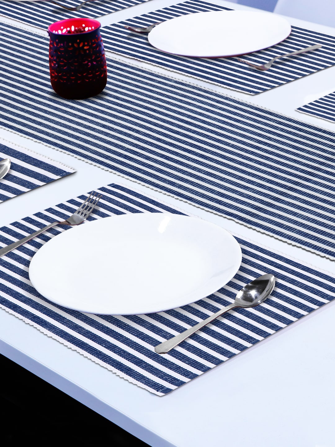 HOKIPO Blue Cotton Ribbed Washable 6 Seater Table Runner with Mats Price in India