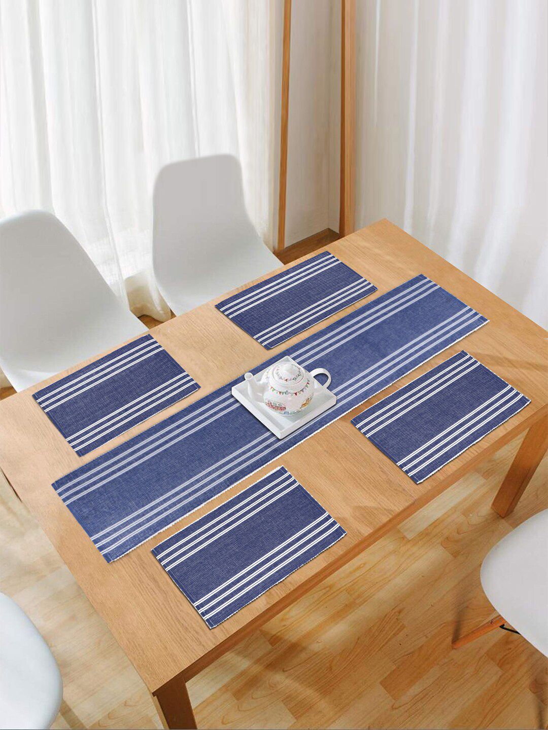 HOKIPO Blue Cotton Ribbed 5 Pieces Table Mats with Runner