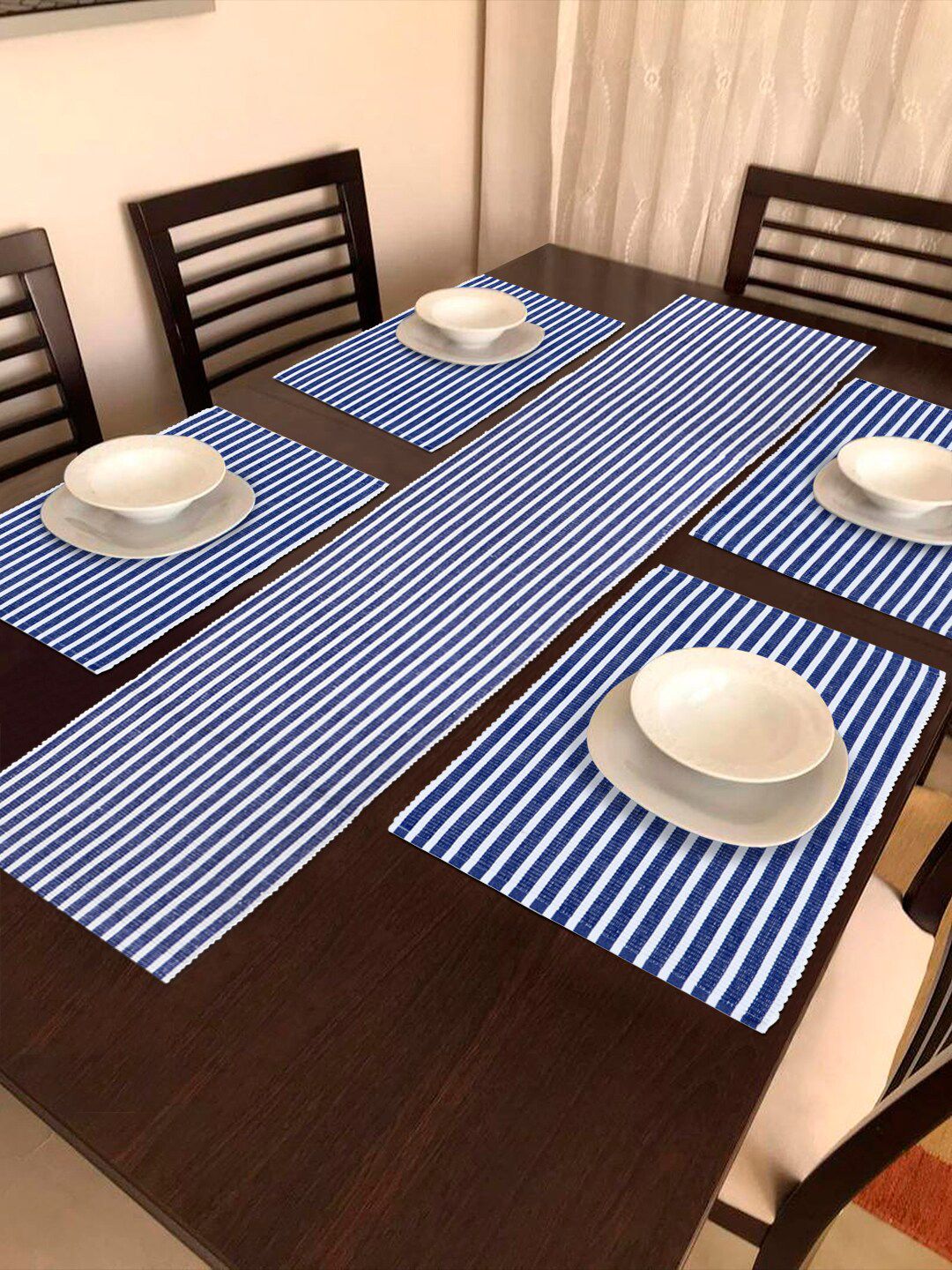 HOKIPO Blue Cotton Ribbed Washable 5 Pieces Table Mats with Runner