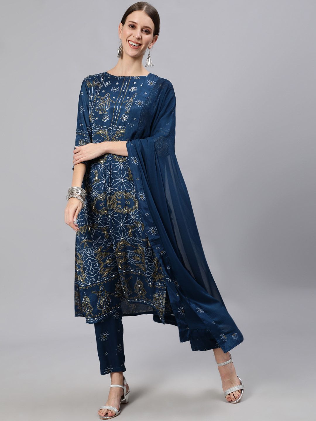 Ishin Women Teal Ethnic Motifs Printed Regular Kurta with Trousers & With Dupatta Price in India