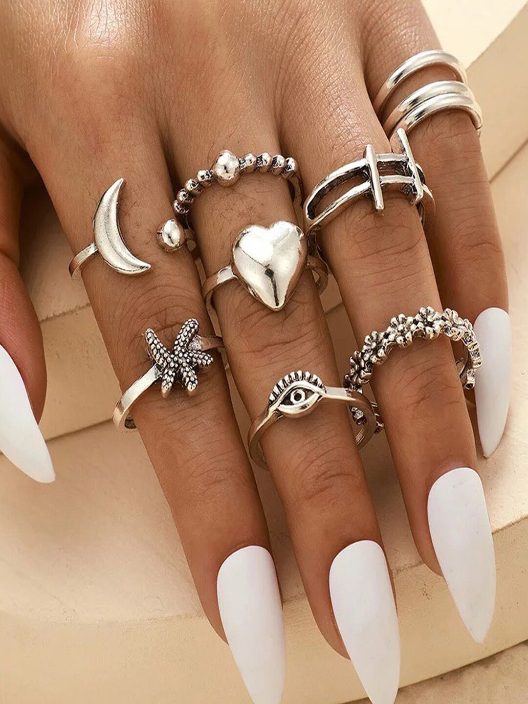Shining Diva Fashion Woman Set Of 9 Silver-Plated Finger Ring Price in India