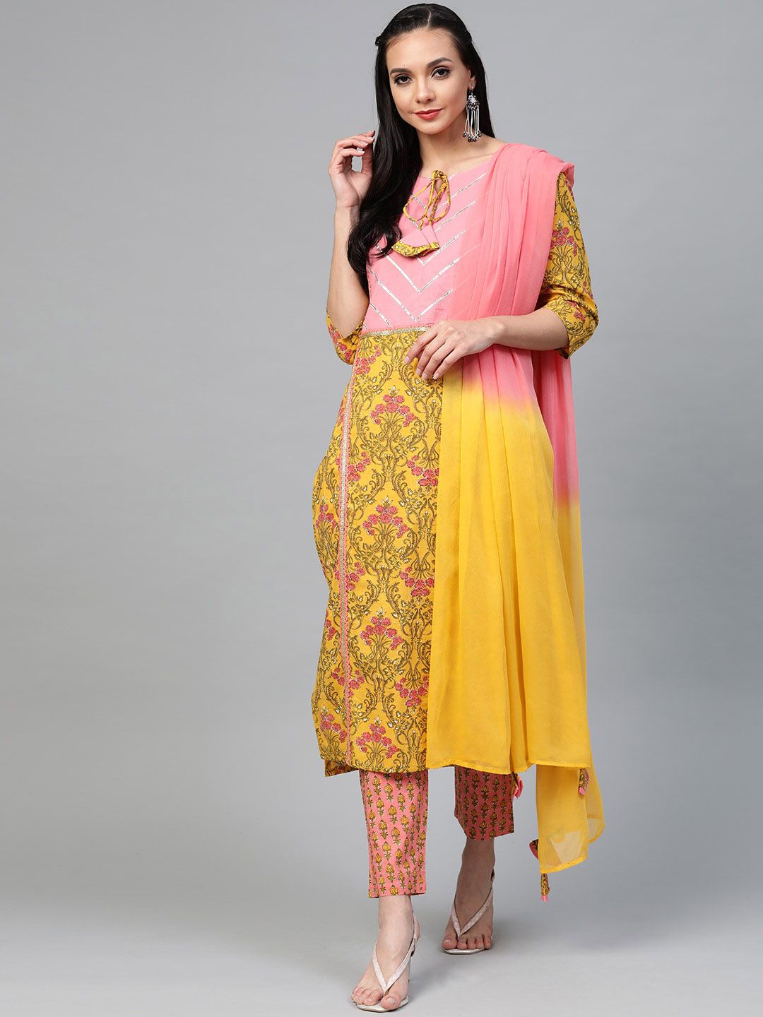 Yuris Women Mustard Yellow Gotta Patti Pure Cotton Kurta with Trousers & Dupatta Price in India