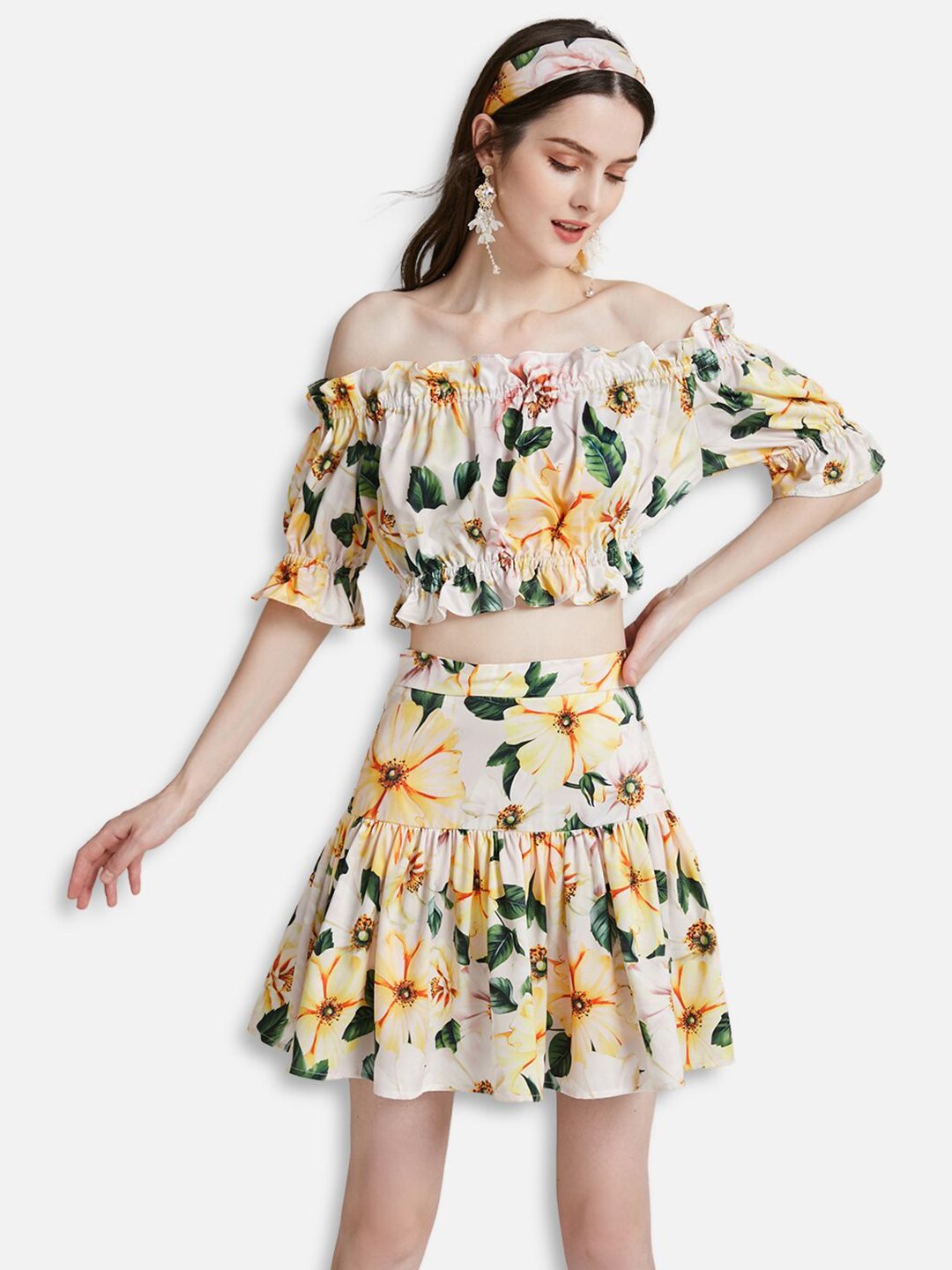 JC Collection Women Beige & Green Printed Top with Skirt
