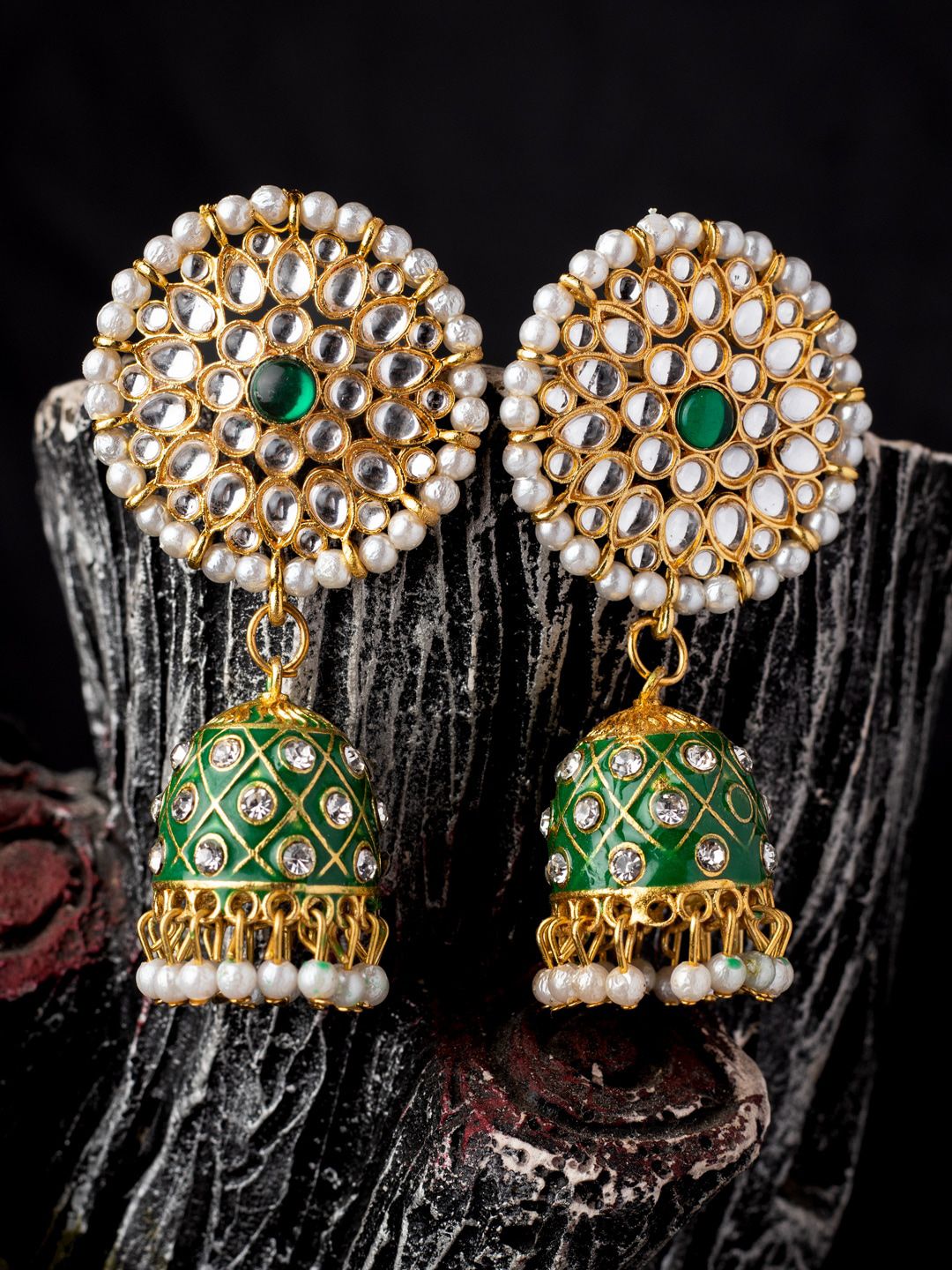 MORKANTH JEWELLERY Gold-Plated & Green Dome Shaped Jhumkas Earrings Price in India