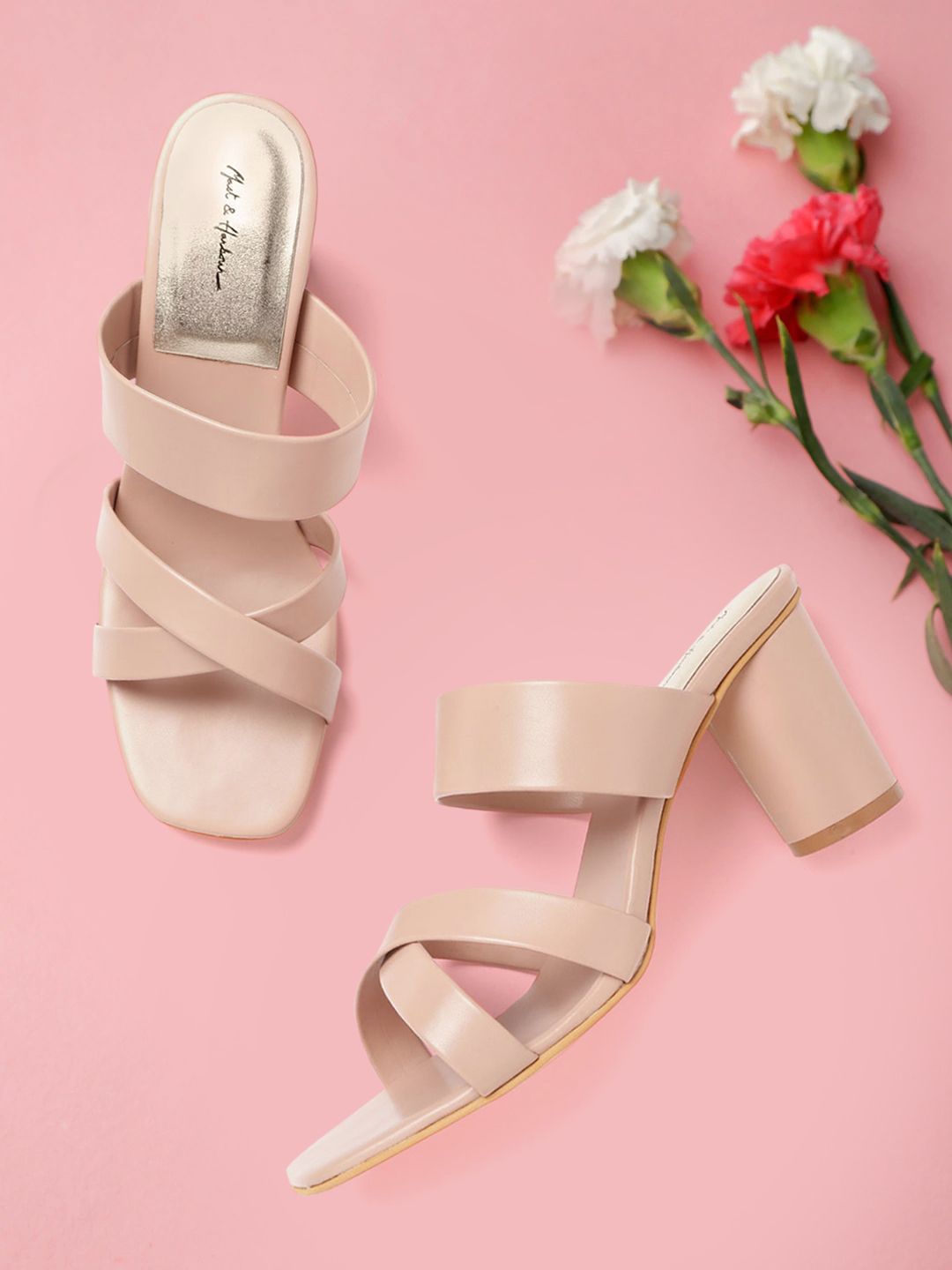 Mast & Harbour Women Peach-Coloured Solid Strappy Block Heels Price in India