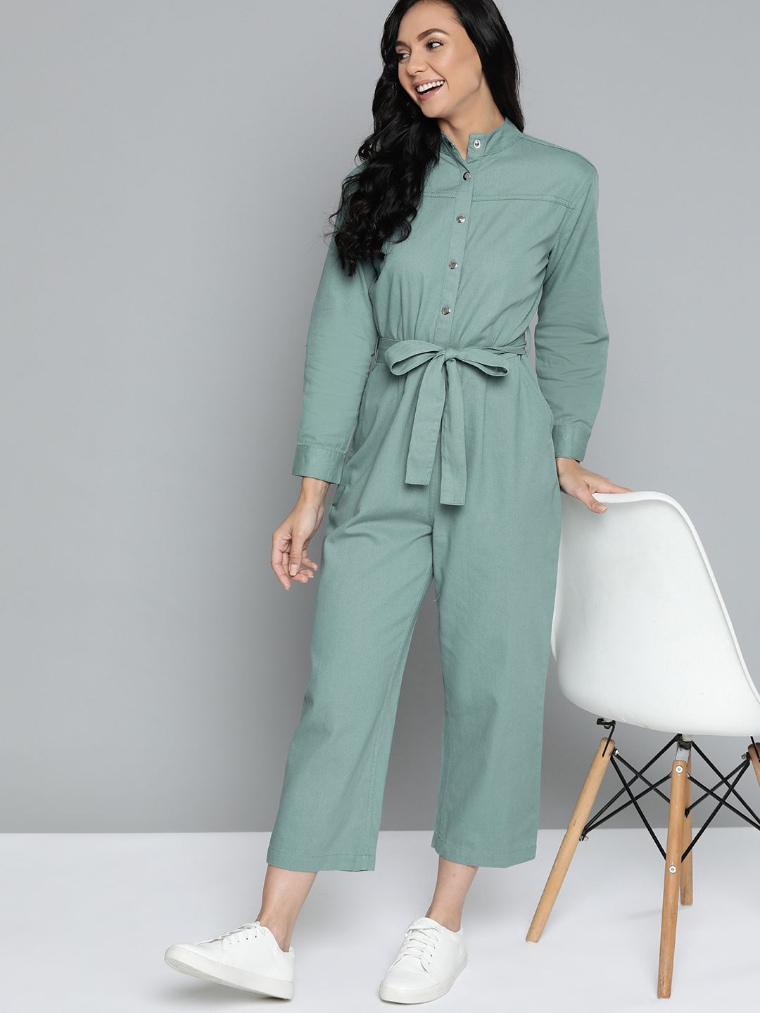 Mast & Harbour Green Pure Cotton Solid Basic Jumpsuit with Belt Price in India