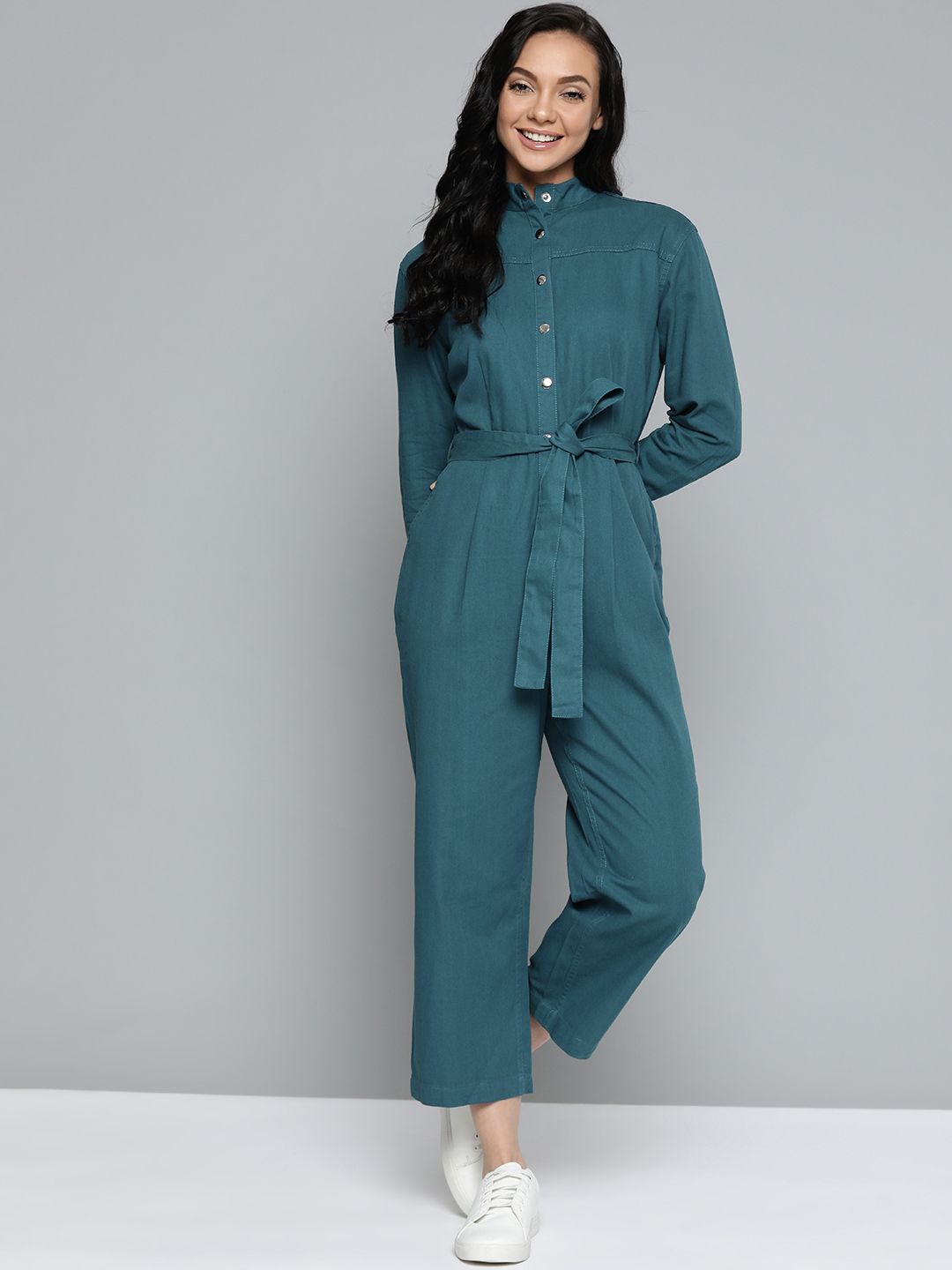 Mast & Harbour Teal Blue Pure Cotton Solid Basic Jumpsuit with Belt Price in India
