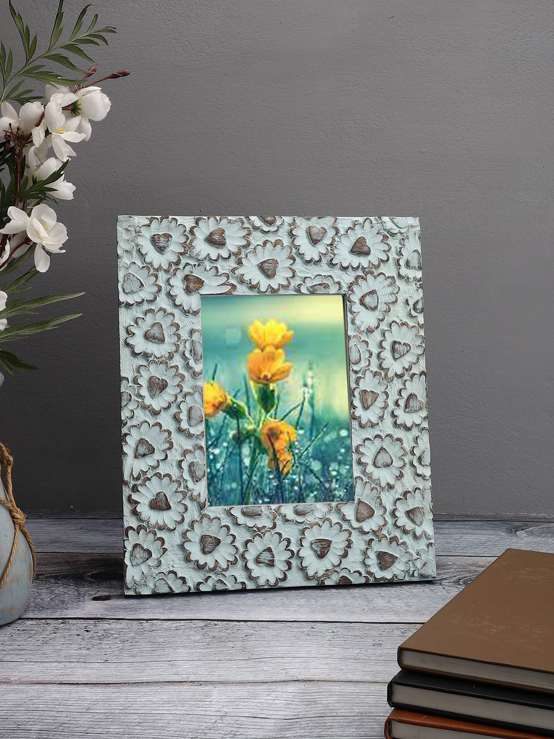 MIAH Decor Blue Patterned Handcrafted Wooden Table Photo Frame Price in India