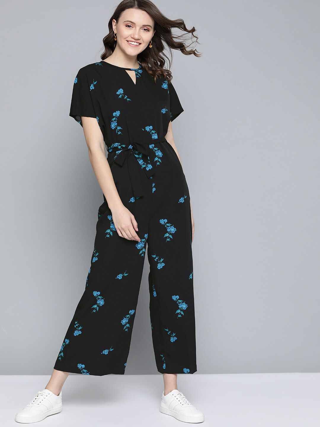 Mast & Harbour Black & Blue Floral Print Basic Jumpsuit with Belt Price in India