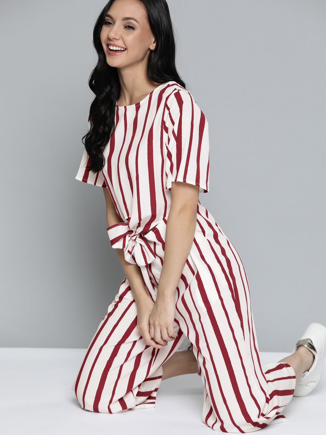 Mast & Harbour White & Maroon Striped Basic Jumpsuit Price in India