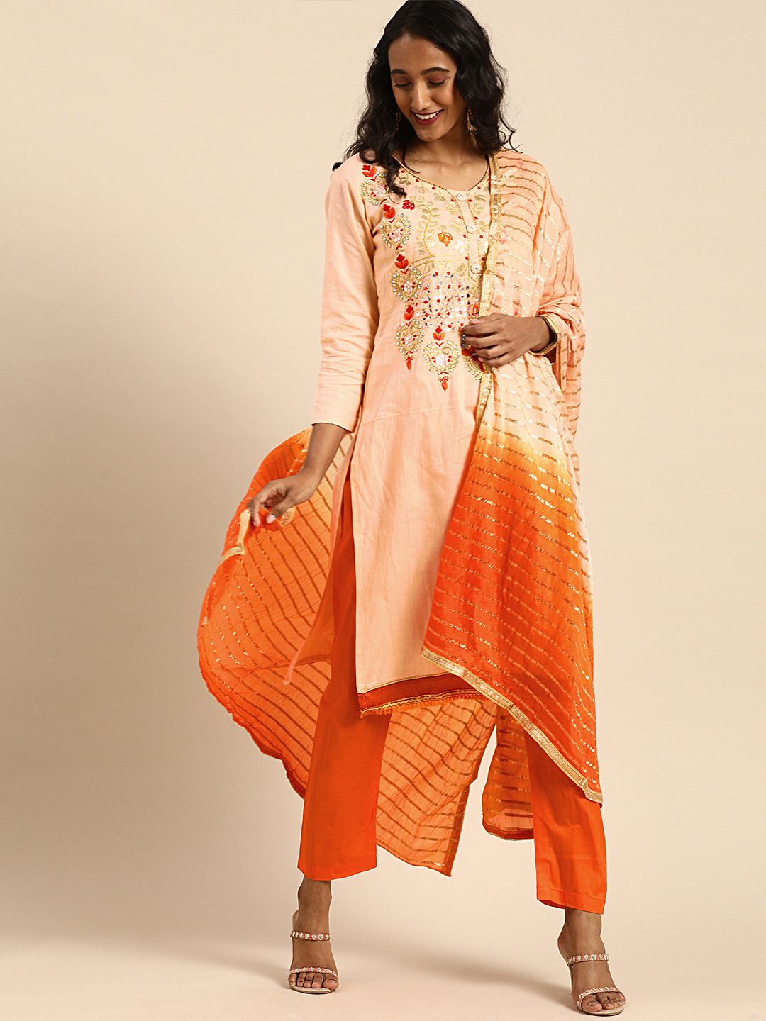 Rajnandini Pink & Orange Embroidered Unstitched Dress Material Price in India