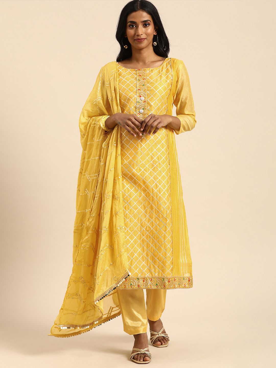 Rajnandini Yellow Embroidered Unstitched Dress Material Price in India