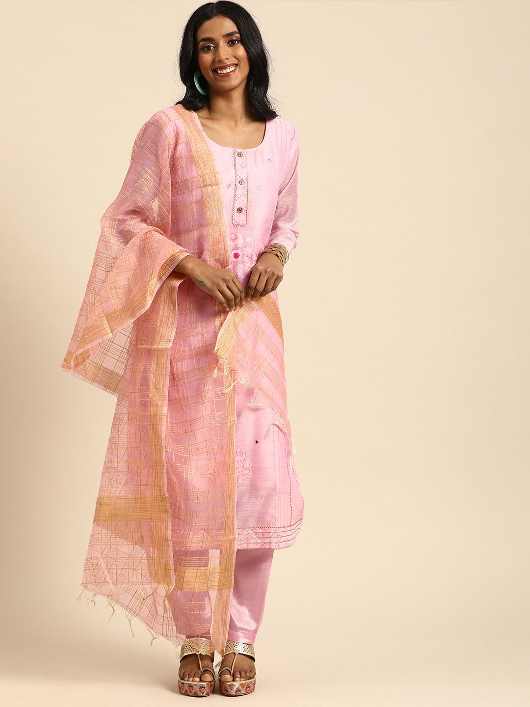 Rajnandini Pink & Peach-Coloured Embroidered Unstitched Dress Material Price in India