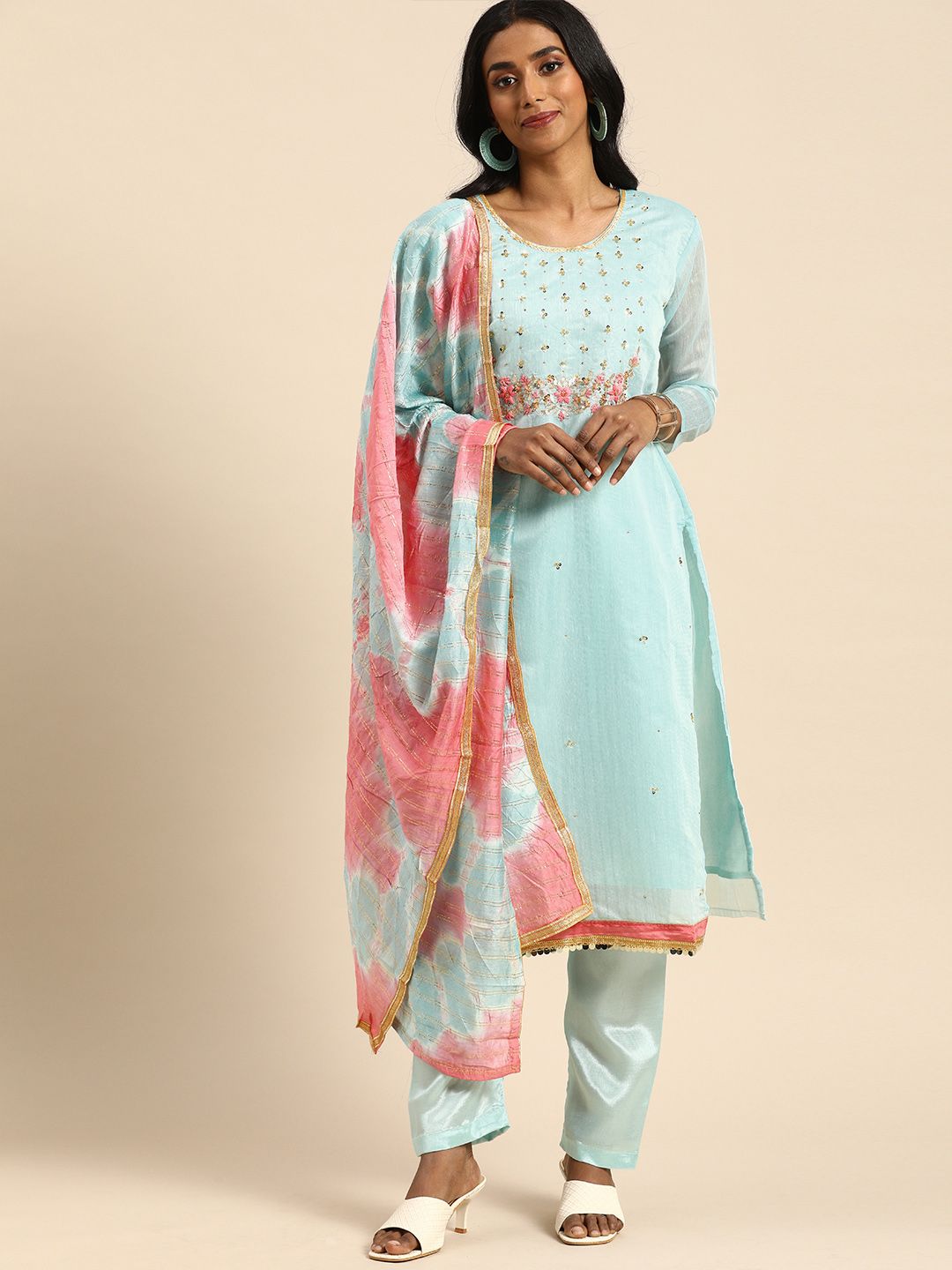 Rajnandini Turquoise Blue & Pink Embroidered Unstitched Dress Material Price in India