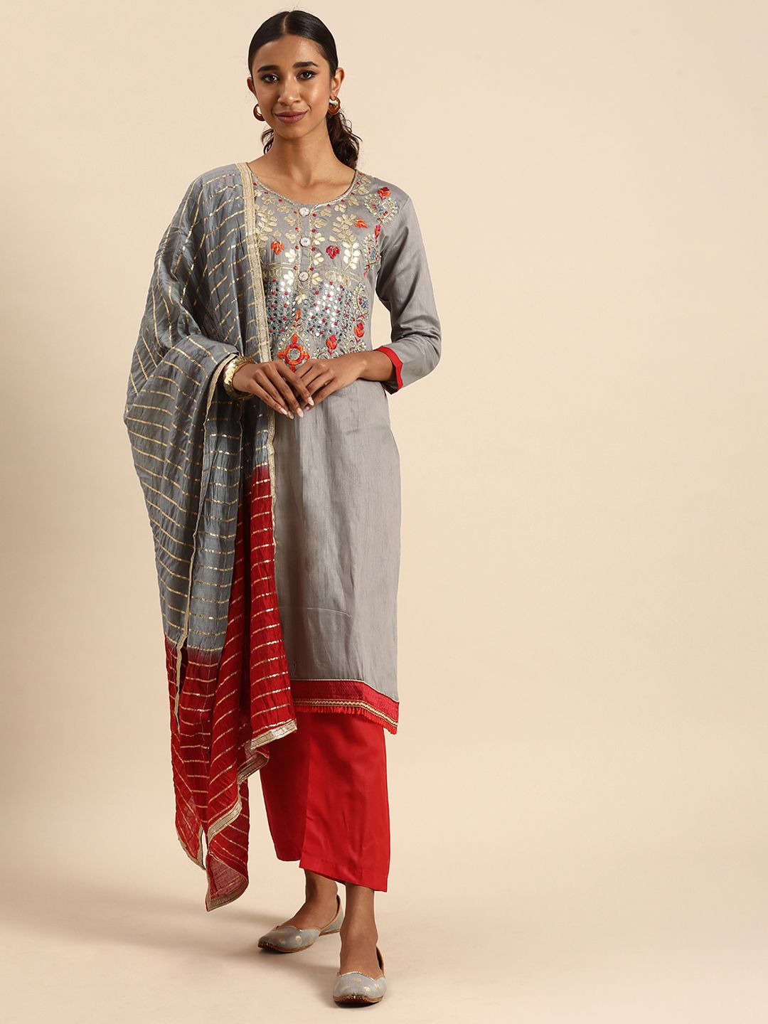 Rajnandini Grey & Red Embroidered Unstitched Dress Material Price in India