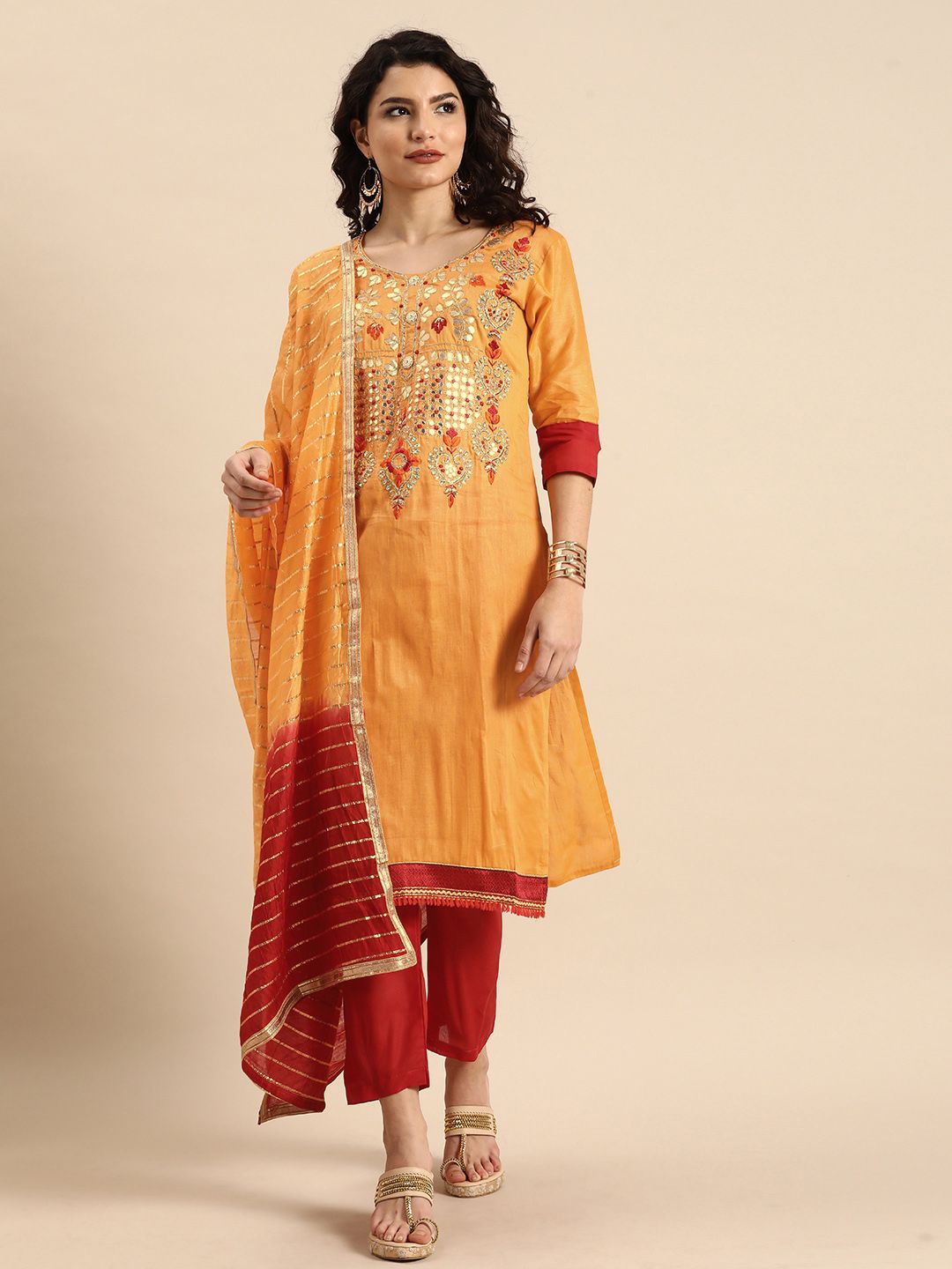 Rajnandini Orange & Red Embroidered Unstitched Dress Material Price in India