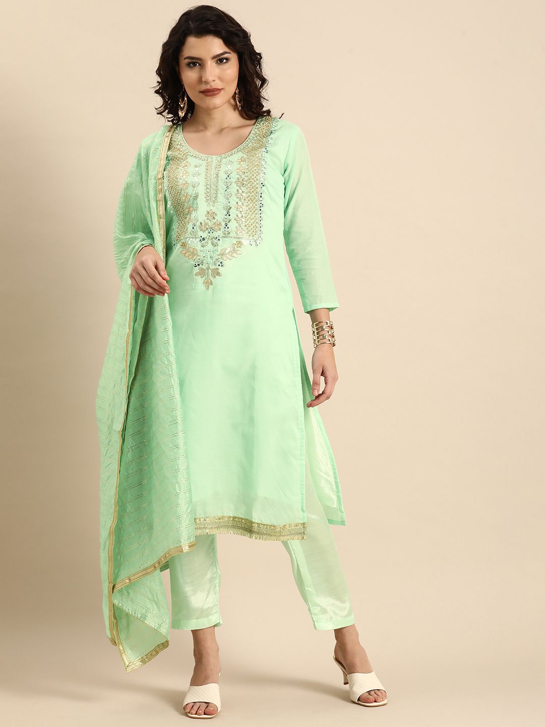 Rajnandini Sea Green Embroidered Unstitched Dress Material Price in India