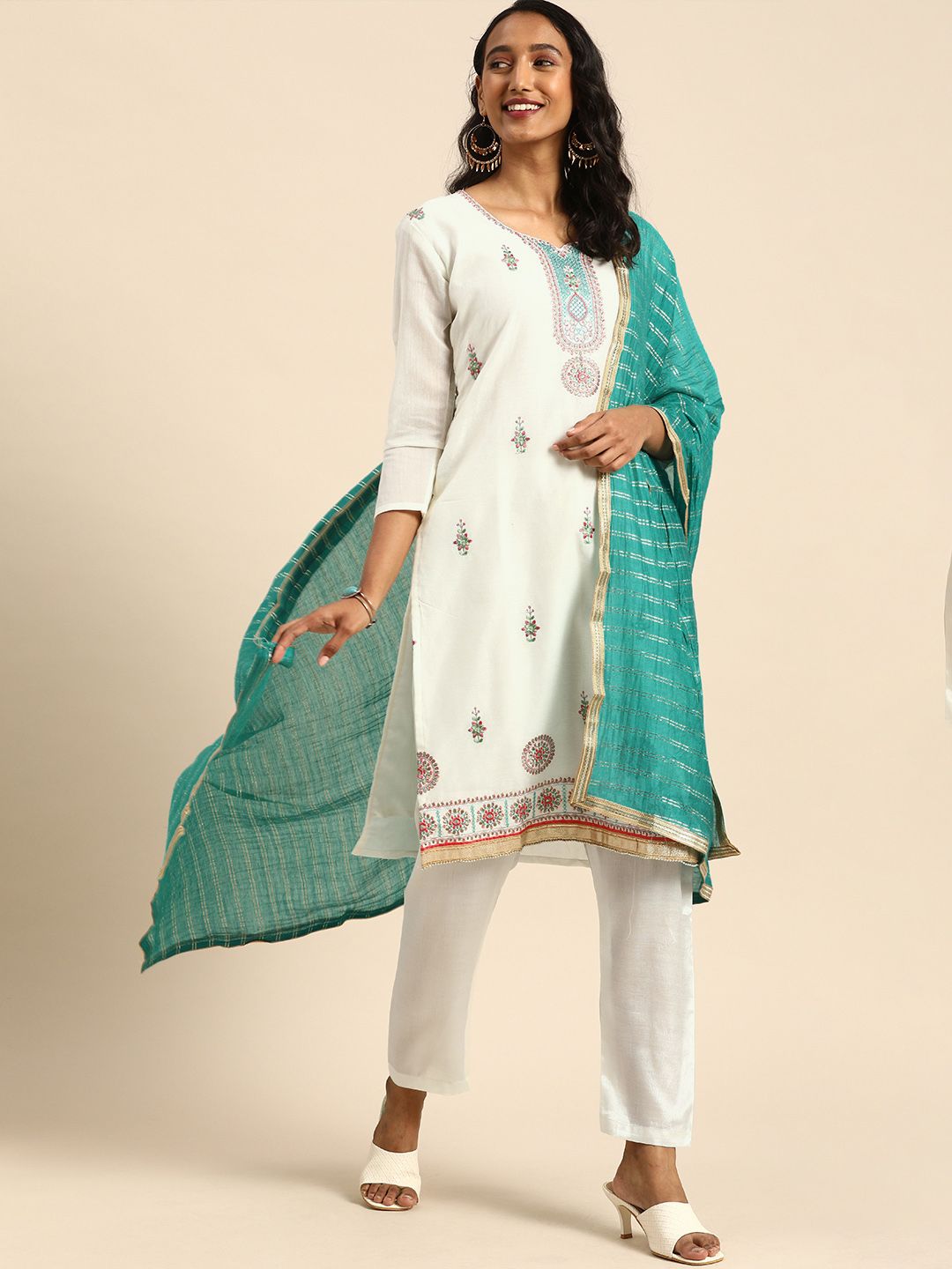 Rajnandini White & Green Embroidered Unstitched Dress Material Price in India