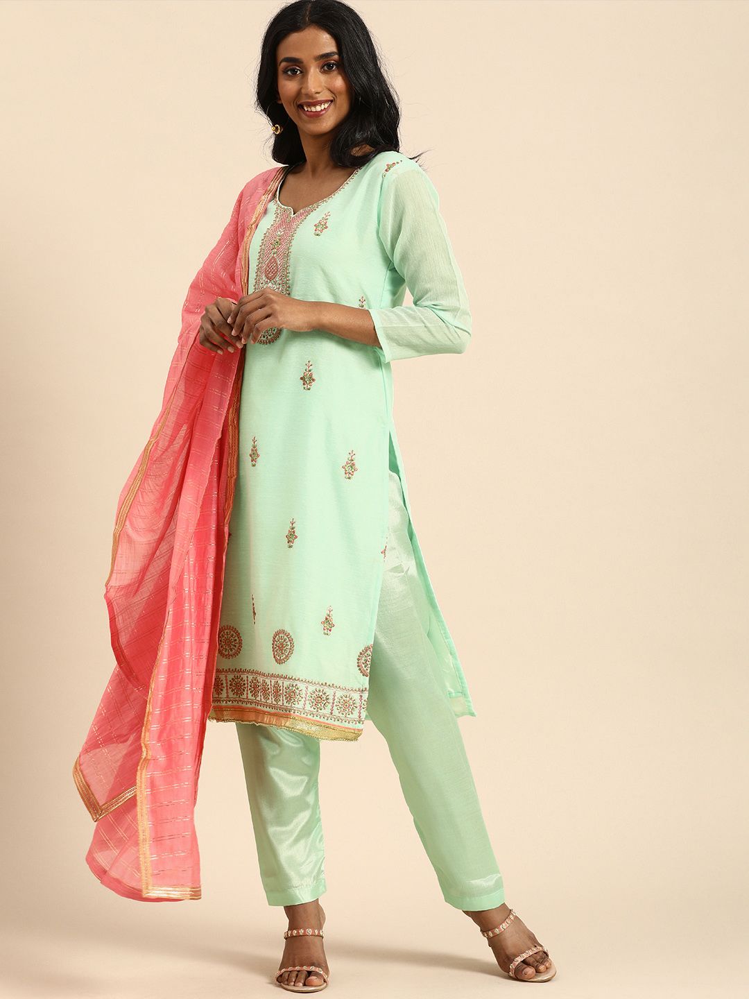 Rajnandini Green & Peach-Coloured Embroidered Unstitched Dress Material Price in India