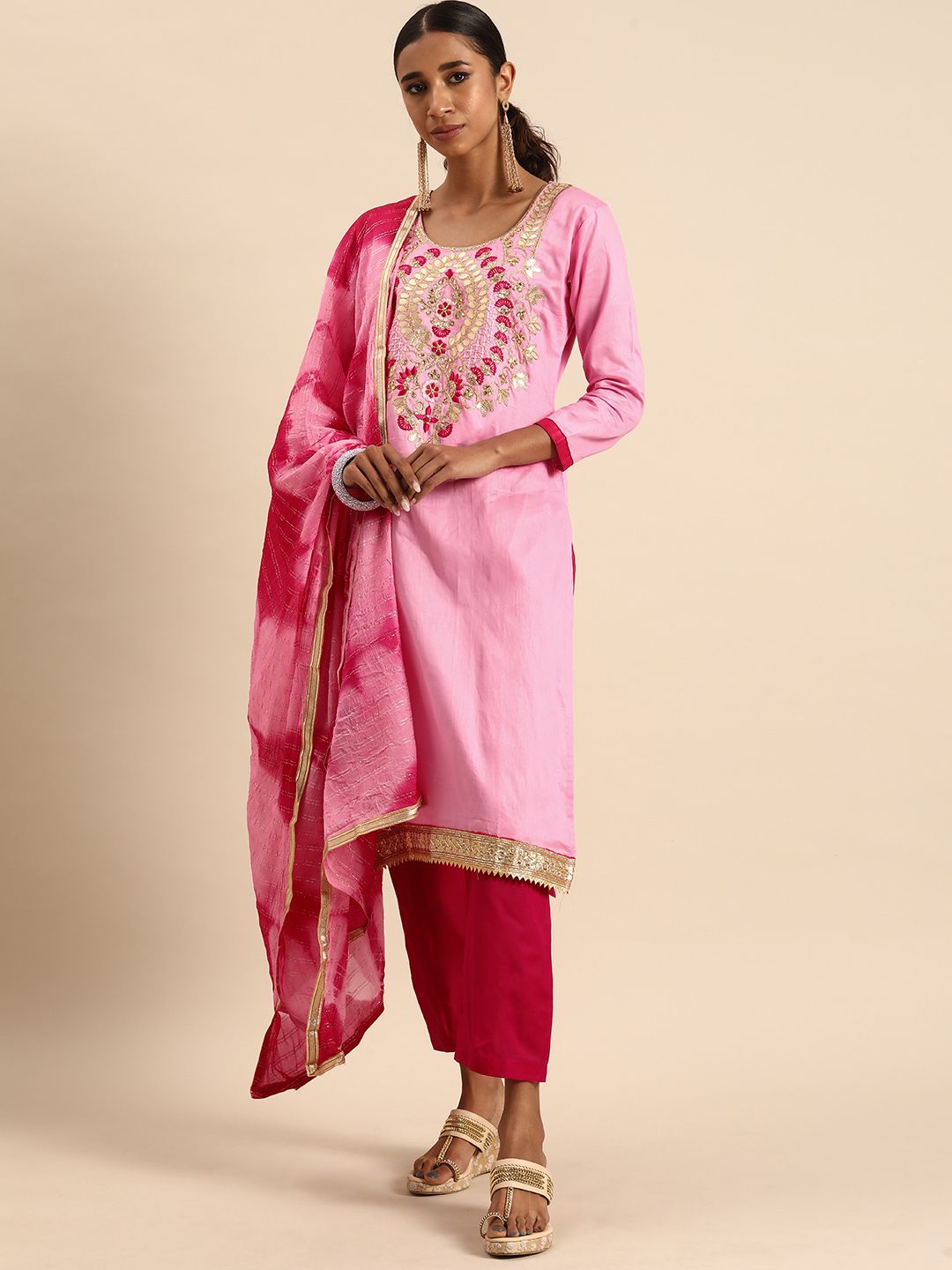 Rajnandini Pink Embroidered Unstitched Dress Material Price in India