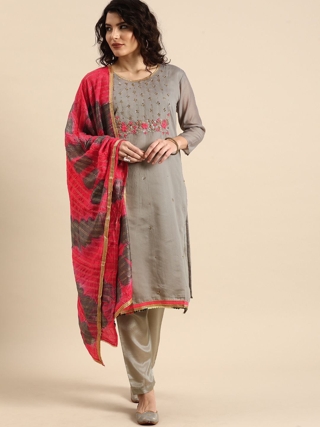 Rajnandini Grey Embroidered Unstitched Dress Material Price in India