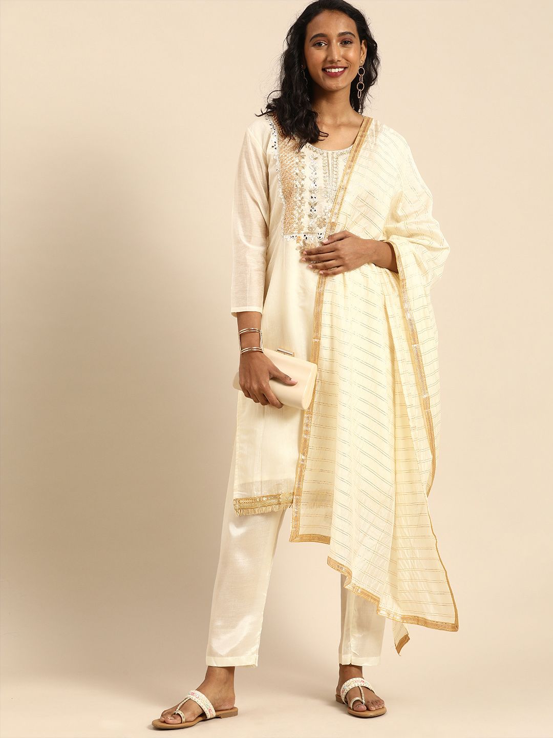 Rajnandini Off-White Embroidered Chanderi Silk Unstitched Dress Material Price in India