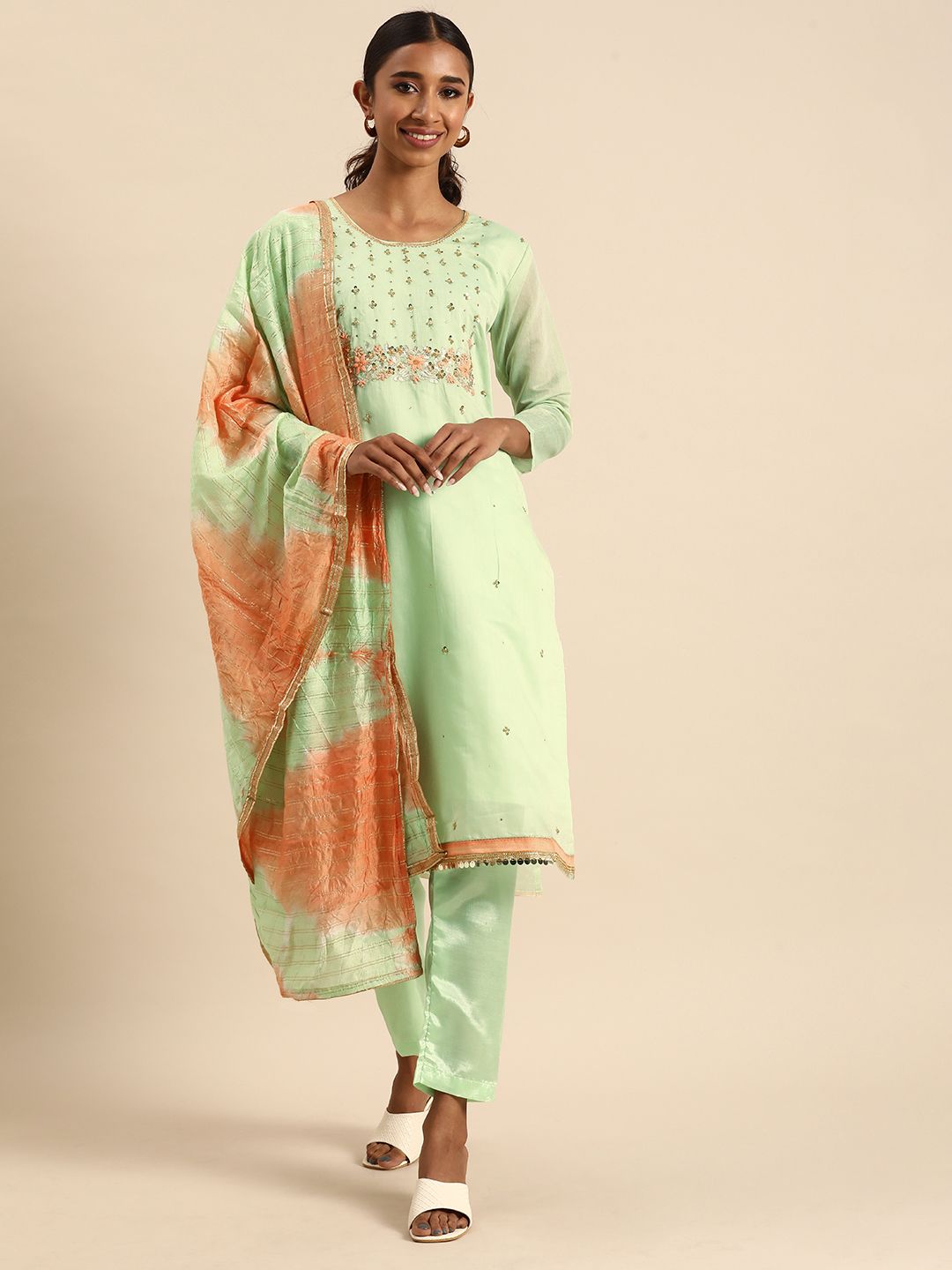 Rajnandini Olive Green Embroidered Unstitched Dress Material Price in India