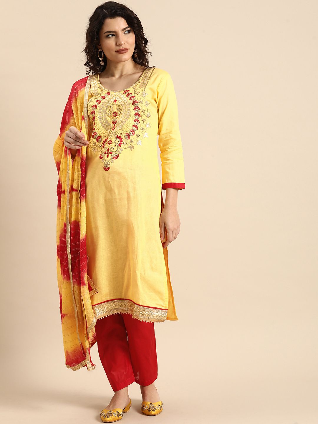 Rajnandini Yellow & Red Embroidered Unstitched Dress Material Price in India