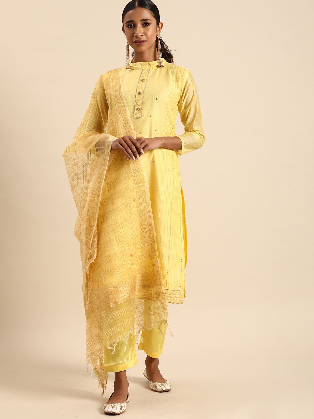 Rajnandini Yellow Embroidered Unstitched Dress Material Price in India