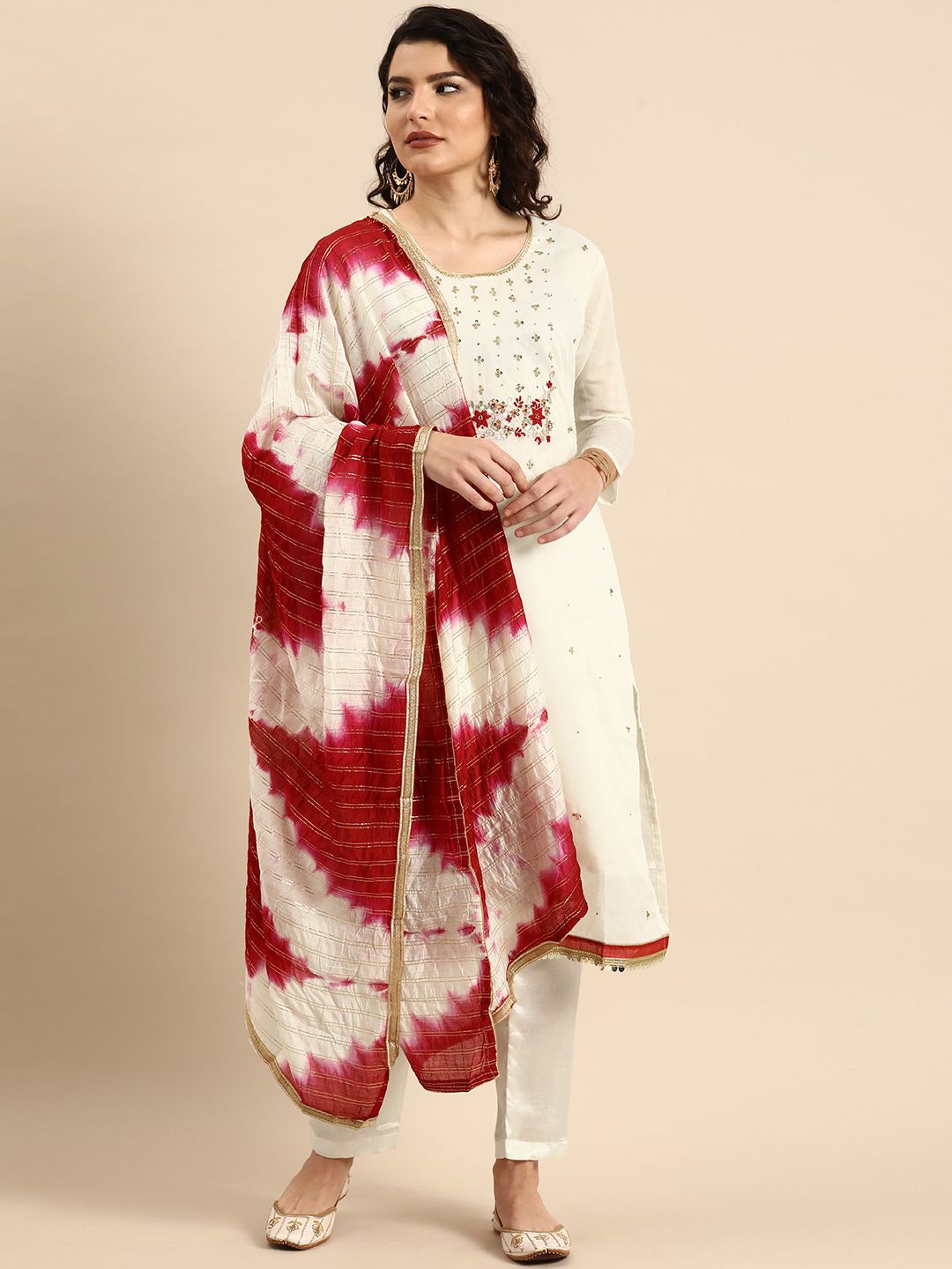 Rajnandini White & Maroon Embroidered Unstitched Dress Material Price in India